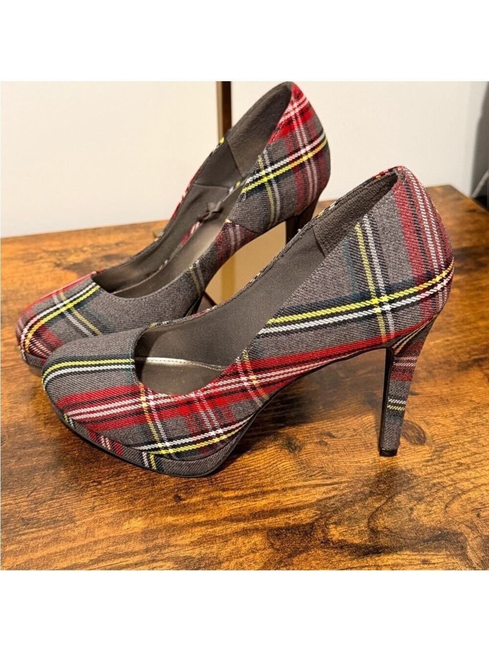 Fioni Red Gray Plaid High Heel Pumps